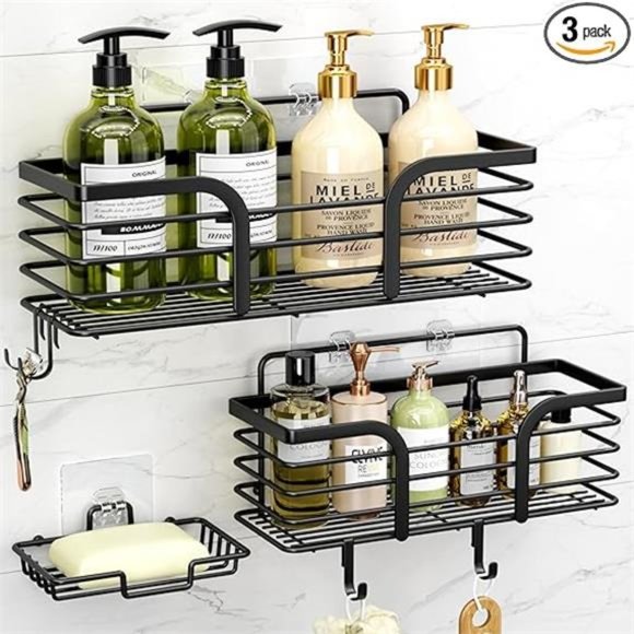 Shower Caddy, Adhesive Shower Organizer with Soap Dish and 4 Hooks, Rustproof - Picture 7 of 7